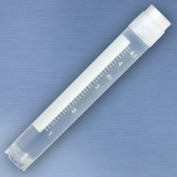 Globe Scientific CryoCLEAR vials, 5.0mL, STERILE, External Threads, Attached Screwcap with Co-Molded Thermoplastic Elastomer (TPE) Sealing Layer, Round Bottom, Self-Standing, Printed Graduations, Writing Space and Barcode, 50/Bag cryogenic vials; cryogenic tubes; storage tubes; sterile tubes; cryogenic